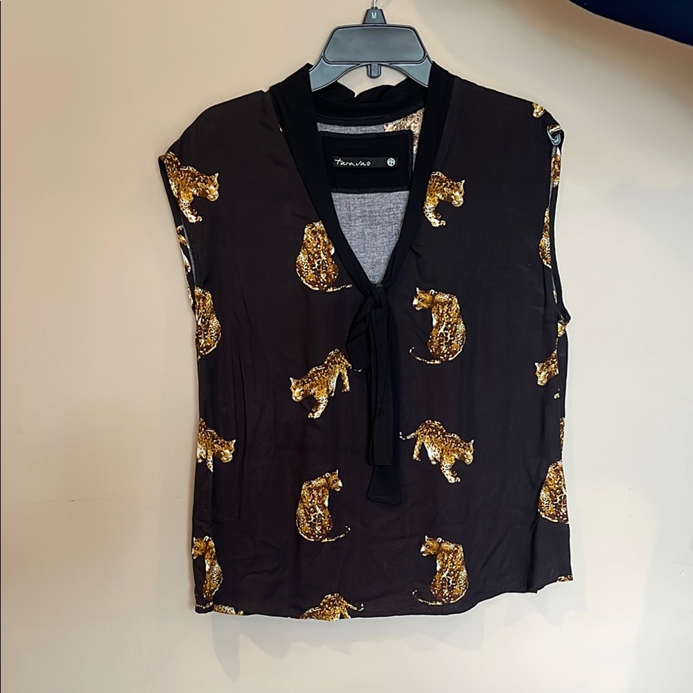 Black and Gold Sleeveless Tie Front Blouse